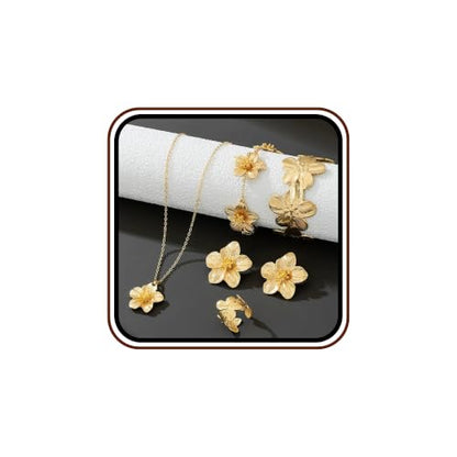 Gold Flower Jewelry Set For Women, 5 Pcs Chunky Golden Floral Pendant Necklace Bracelet Earrings Ring Set Statement Flower Jewelry Gifts For Beach Wedding - color: 5pcs-Gold