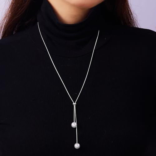 Pearl Necklace Set for Women Long Necklace Pearl Jewelry Beaded Design Drop Y Lariat Style Gift - color: Silver Y Pearl Necklace
