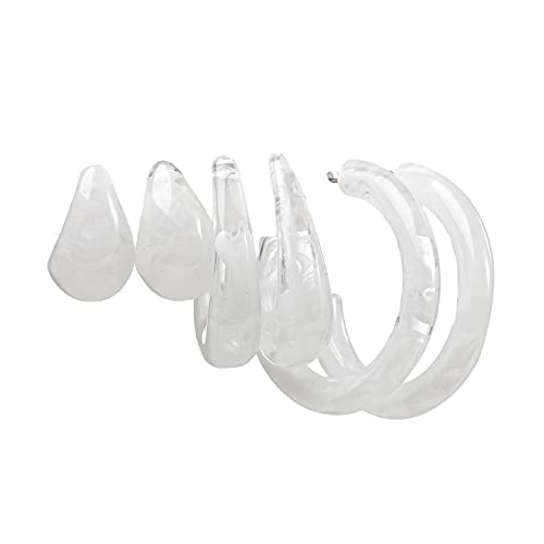 3Pairs Lightweight Minimalist Vintage Polished Teardrop Waterdrop C Shape Circle Round Cuff Acrylic Resin Hoop Earrings Colorful Thick Chunky Wide Thin Acetic Acid Earrinsg Set for Women - color: E white