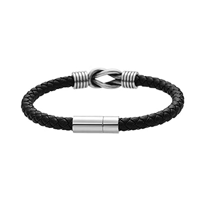Geoffrey Beene Men's Braided Genuine Leather Knot Bracelet with Stainless Steel Closure - color: Black