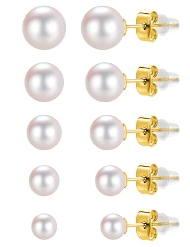5 Pairs Pearl Earrings for Women Hypoallergenic Ball Studs Earrings Set Women 316L Surgical Steel Silver Pearl Earrings Birthday Valentines Day Gifts - color: A002-Gold