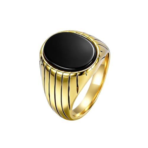 Oval Zircon Men's Grooved Signet | Retro Chunky Stainless Steel Geometric Band, Cool Industrial Statement Jewelry for Him, Biker Fashion Accessory - color: Round Gold