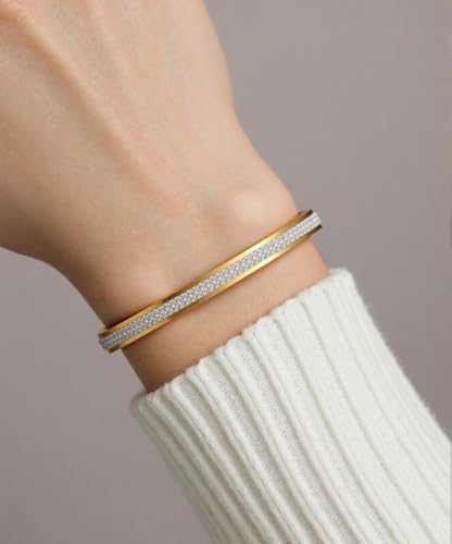 MYNENEY Womens Bracelets Stainless Steel Pave Cubic Zironia Stackable - color: 2 Row Crystal Gold, size: 7 Inch