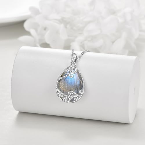 YAFEINI 925 Sterling Silver Moonstone Necklace Filigree Teardrop Pendant Necklace Jewelry for Women Girls - color: AA-Labradorite Filigree Necklace