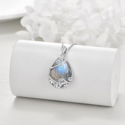 YAFEINI 925 Sterling Silver Moonstone Necklace Filigree Teardrop Pendant Necklace Jewelry for Women Girls - color: AA-Labradorite Filigree Necklace