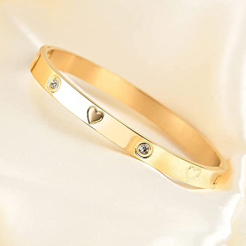 VQYSKO Love Friendship Bracelet Bangle Gold Rose Gold Silver with Cubic Zirconia Stones Stainless Steel Hinged Jewelry with Crystal Oval Bracelet Birthday Present for Her Women Teen Girls - style: 7 Inch-Heart-Golden