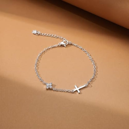 Bracelets for Women, Dainty Gold Silver Ring Bracelet Hand Chain | Cubic Zirconia Pearl Charms, 14K Gold Plated, Adjustable Fit, Trendy Stackable Link Chain, Waterproof Jewelry, Gift for Her - color: Silver-cross+clover charm bracelet