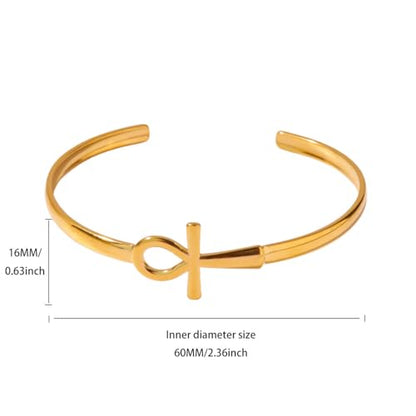 Gold Statement Cuff Bracelet Ankh Cross - Waterproof Stainless Steel Open Bangle Hypoallergenic Egyptian Key of Life Jewelry, Adjustable Protection Amulet for Women Men - color: Gold Minimalist Single Ankh
