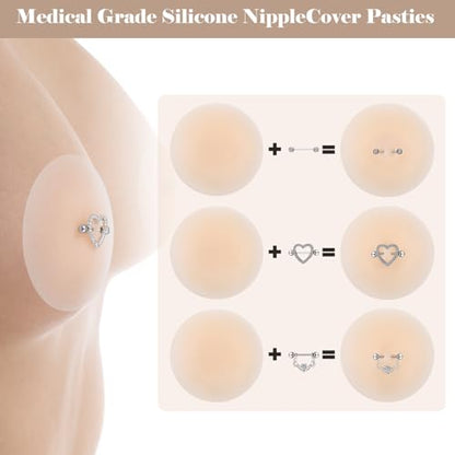 Tondiamo 3 Pairs Silicone Nipple Covers with Piercing Diamond Adhesive Reusable Fake Nipple for Women With Piercing