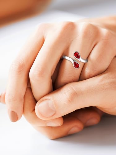 Bestyle Silver Birthstone Ring for Women, Dainty Sterling Silver Teardrop Ring Open Adjustable Band Ring, Love Statement TOI et Moi Ring Promise Ring for Her - color: 01.January ( Garnet)
