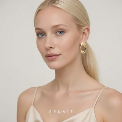 RENAIZ Bold Statement Hoop & Stud Earrings for Women – 14K Gold & Rhodium Plated Maximalist Jewelry, Chunky Geometric Boho Earrings, Hypoallergenic Non-Tarnish Trendy Gift - color: Yellow Gold, style: Loop