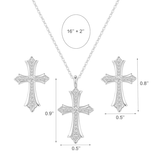 Gold Plated Imitation Diamond Cross Necklace and Earrings Set for Women Cubic Zirconia Trendy Stud Earrings and Cross Pendant Necklaces Jewelry Set Dainty Cross Cute Faith Jewelry Gifts Set - color: Silver