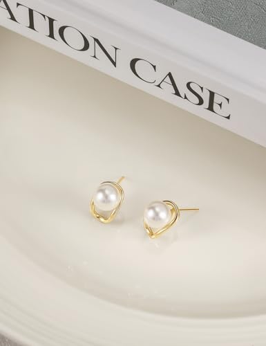 Mameloly Pearl Drop Earrings 925 Sterling Silver CZ 10MM Simulated Pearl Earrings for Women Dangle Trendy Jewelry for Women Hypoallergenic - color: Gold