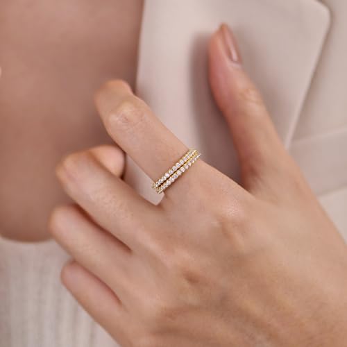 2mm 925 Sterling Silver Rings Gold Engagement Wedding Bands Eternity Cubic Zirconia Simulated Diamond 2pairs Stackable Ring for Women Size 5-10 - color: Gold