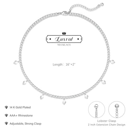 Luxval Tennis Necklace 14K Gold Plated Rhinestone Butterfly Choker Necklaces for women Dainty Zirconia Cut Faux Diamond chain 3mm - color: Silver-Pearl dangle tennis