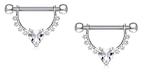 Forbidden Body Jewelry Pair of Surgical Steel 1/2 Inch (12mm) D-Ring Style CZ Heart Dangle Nipple Barbells - color: Clear