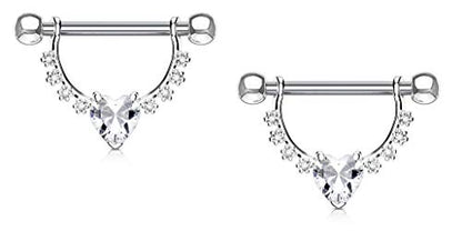 Forbidden Body Jewelry Pair of Surgical Steel 1/2 Inch (12mm) D-Ring Style CZ Heart Dangle Nipple Barbells - color: Clear