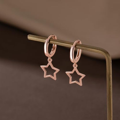 Reffeer Solid 925 Sterling Silver Star Hoop Dangle Earrings for Women Teen Girls Star Drop Earrings Huggie - color: C-Rose