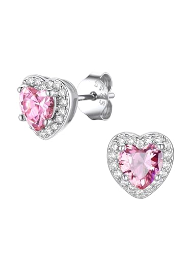 FindChic Birthstone Earrings for Women, Round/Heart/Square/Teardrop Earrings with 925 Sterling Silver Posts & Push Backs, Hypoallergenic Studs with Cubic Zirconia, 12 Months Jewelry with Gift Box - style: 10. October-Pink Tourmaline (Heart-Silver)