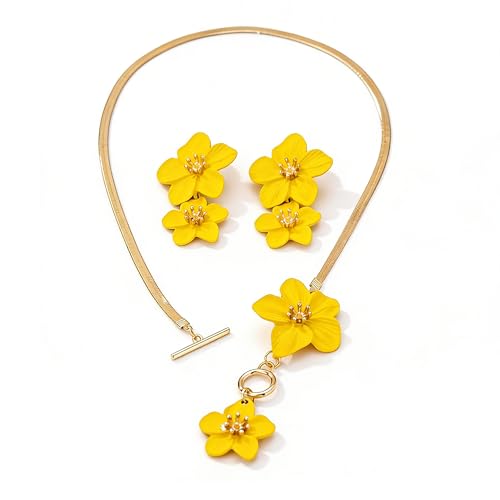 Colorful Flower Necklace Earrings Set for Women Gold Snake Chain Toggle Clasp Pendant Necklaces Dainty Double Flowers Statement Earrings Bridal Wedding Summer Beach Jewelry for Women - color: yellow