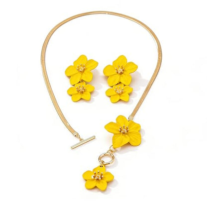 Colorful Flower Necklace Earrings Set for Women Gold Snake Chain Toggle Clasp Pendant Necklaces Dainty Double Flowers Statement Earrings Bridal Wedding Summer Beach Jewelry for Women - color: yellow