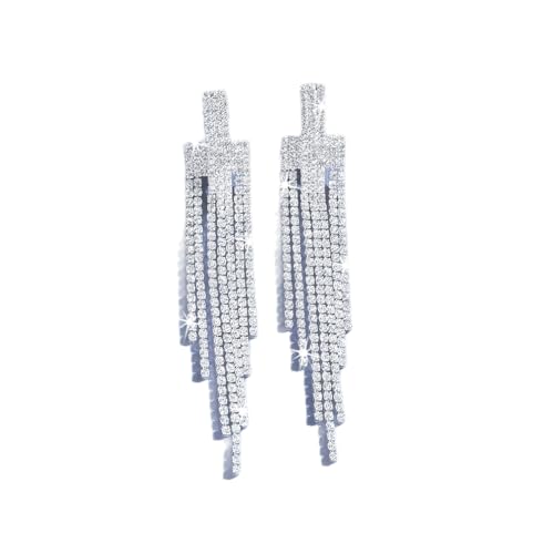 Silver Shiny Rhinestone Long Tassel Dangle Earrings for Women Trendy, Unique Bling Zirconia Drop Earring Dainty Prom Party Jewelry Accessories Gift - color: Silver 2