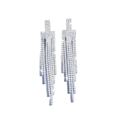 Silver Shiny Rhinestone Long Tassel Dangle Earrings for Women Trendy, Unique Bling Zirconia Drop Earring Dainty Prom Party Jewelry Accessories Gift - color: Silver 2