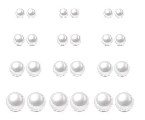 12 Pairs Pearl Stud Earrings for Women | White Pearl CZ Ball Hypoallergenic Earrings, Bridal Simulated Pearl Rhinestone Pearls Stud Earrings Jewelry Set for Wedding - color: White