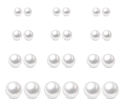 12 Pairs Pearl Stud Earrings for Women | White Pearl CZ Ball Hypoallergenic Earrings, Bridal Simulated Pearl Rhinestone Pearls Stud Earrings Jewelry Set for Wedding - color: White