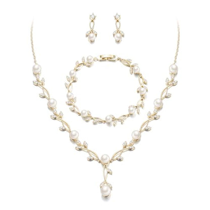 EVER FAITH Cubic Zirconia Pearl Leaf Bridal Jewelry Set for Bride Women | White Wedding Prom Necklace Dangle Earrings Bracelet, for Bridesmaid - color: Pearl_Gold-Plated-Brass