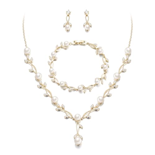 EVER FAITH Cubic Zirconia Pearl Leaf Bridal Jewelry Set for Bride Women | White Wedding Prom Necklace Dangle Earrings Bracelet, for Bridesmaid - color: Pearl_Gold-Plated-Brass