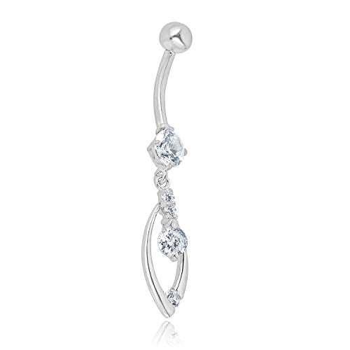 AVORA 10K Gold Simulated Diamond CZ Dangling Fancy Teardrop Belly Button Ring Body Jewelry (14 Gauge) - color: White Gold
