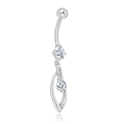 AVORA 10K Gold Simulated Diamond CZ Dangling Fancy Teardrop Belly Button Ring Body Jewelry (14 Gauge) - color: White Gold
