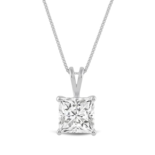 Everyday Elegance Solid 14K Gold Cubic Zirconia Solitaire Pendant Necklace for Women Heart, Princess, Round, Oval, Emerald, Pear & Cushion Cut 1 or 2 CTW | .60mm Thick 16" 18" Length Box Link Chain - color: 14K White Gold, size: 16 " Chain (0.60 mm Thick)