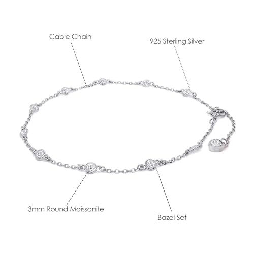 Link Chain Station Anklet Bracelet for Women 1.00 CT | 3MM Round Moissanite in Sterling Silver Jewelry for Her 8" to 10" - color: A1 : White Gold