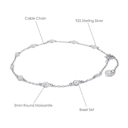 Link Chain Station Anklet Bracelet for Women 1.00 CT | 3MM Round Moissanite in Sterling Silver Jewelry for Her 8" to 10" - color: A1 : White Gold