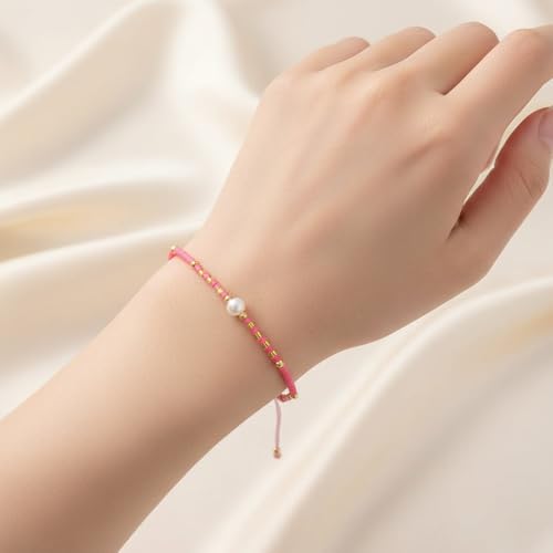 Boho Colorful Glass Gold Plated Seed Beaded Bracelets or Women, Handmade Romantic Freshwater Pearl Adjustable String Braided Rope Jewelry, Summer Beach Daily Party Friendship Gift - color: Pink