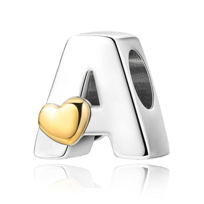 Two-Tone Gold Heart S925 Silver Letter Charm Fits Pandora Bracelet Necklace | Initial Bead Two-Tone Gold Heart, DIY European Bracelet Accessory, Gift for Ladies Birthday Anniversary Valentine - style: Letter A