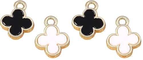 M398 Tiny 4-leaf Clovers DIY Bracelet Charms Zinc Alloy Metal Pendants Wholesale (White & Black,8pcs) - size: 1.0 cm (H) x 1.0 cm (L) x 0.2 cm (D) (Pack of 2)