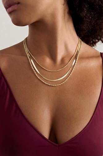 Freekiss Layered Necklace Set for Women Stackable | Herringbone Snake Cuban Rope Chain, Dainty Choker, Layered Stackable, Non Tarnish, Hypoallergenic, Adjustable 14-18.5" - color: Gold, style: 3Snake+Rope+Cuban
