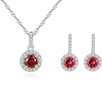 925 Sterling Silver Wedding Jewelry Set for Women - Sapphire Tone Gemstone Pendant Necklace and Stud Earrings with Cubic Zirconia Halo Design - Premium Rhodium Plated Finish - color: Red