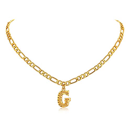 14K Gold Plated Initial Necklaces for Women Men A-Z Letter Necklaces | Figaro Chain, 16"+2" Adjustable Length, with Gift Box - style: G