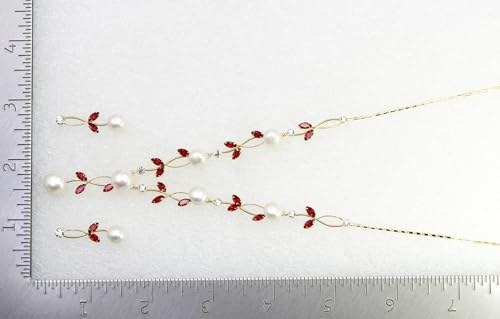 Faship Genuine Freshwater Pearls Floral Necklace Earrings Set | Premium CZ Crystal, Gorgeous, Sparkling - color: Red/Gold Plated