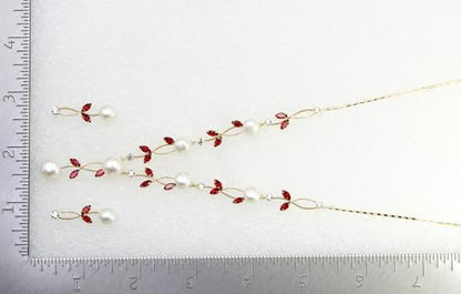 Faship Genuine Freshwater Pearls Floral Necklace Earrings Set | Premium CZ Crystal, Gorgeous, Sparkling - color: Red/Gold Plated