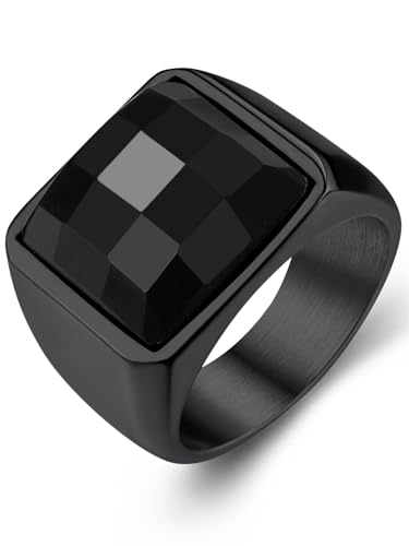 KeyStyle Square Gemstone Signet Rings for Men, Personalized Stainless Steel Pinky Ring with Black Onxy Blue Topaz Birthstone Statement Ring - color: Black -Black Onyx - 15mm