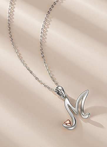 CELESTIA 925 Sterling Silver Initial Necklaces 26 Letter with Rose Gold Heart - 18 Inch Chain - color: M-Initial