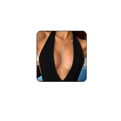 Chest Body Chains for Women 14K Gold Plated Sexy Layered Crossover Bikini Bra Chain Rhinestone Belly Waist Chain Adjustable Summer Beach Body Jewelry - color: Gold Diamond