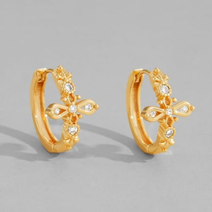 DREMMY STUDIOS Gold Dainty Huggie Hoop Earrings 18K Gold Plated Exquisite Open Tassel Dangle Charm Drop Sleeper Geometric Cross Coin Star Heart White CZ Simple Hypoallergenic Earrings for Women - color: CZ Cross-Hoop