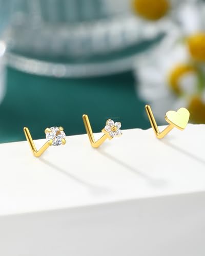 3PCS Titanium Flower Nose Rings Studs 20G, 6.5mm L-Shaped Nose Piercing Jewelry Set - Hypoallergenic Surgical Steel Heart L Bend Nostril Stud for Women Men - color: 3PCS-Gold