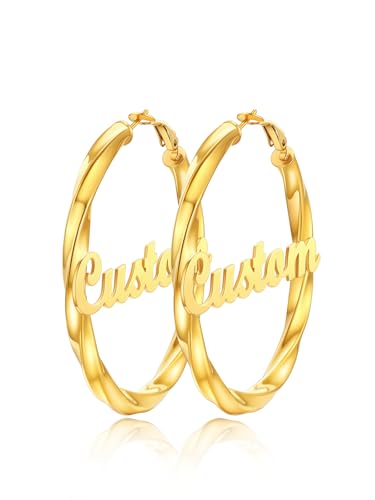 FindChic Twisted Hoop Earrings for Women, Silver/Black/14K Gold Plated Hypoallergenic Hollow Tube Rounded Loop Earrings, 30mm/40mm/60mm/80mm Hoops with Custom Name Options and Gift Box - color: f.Gold (Custom Name), size: 60MM
